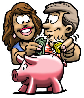 man & women put saving piggy